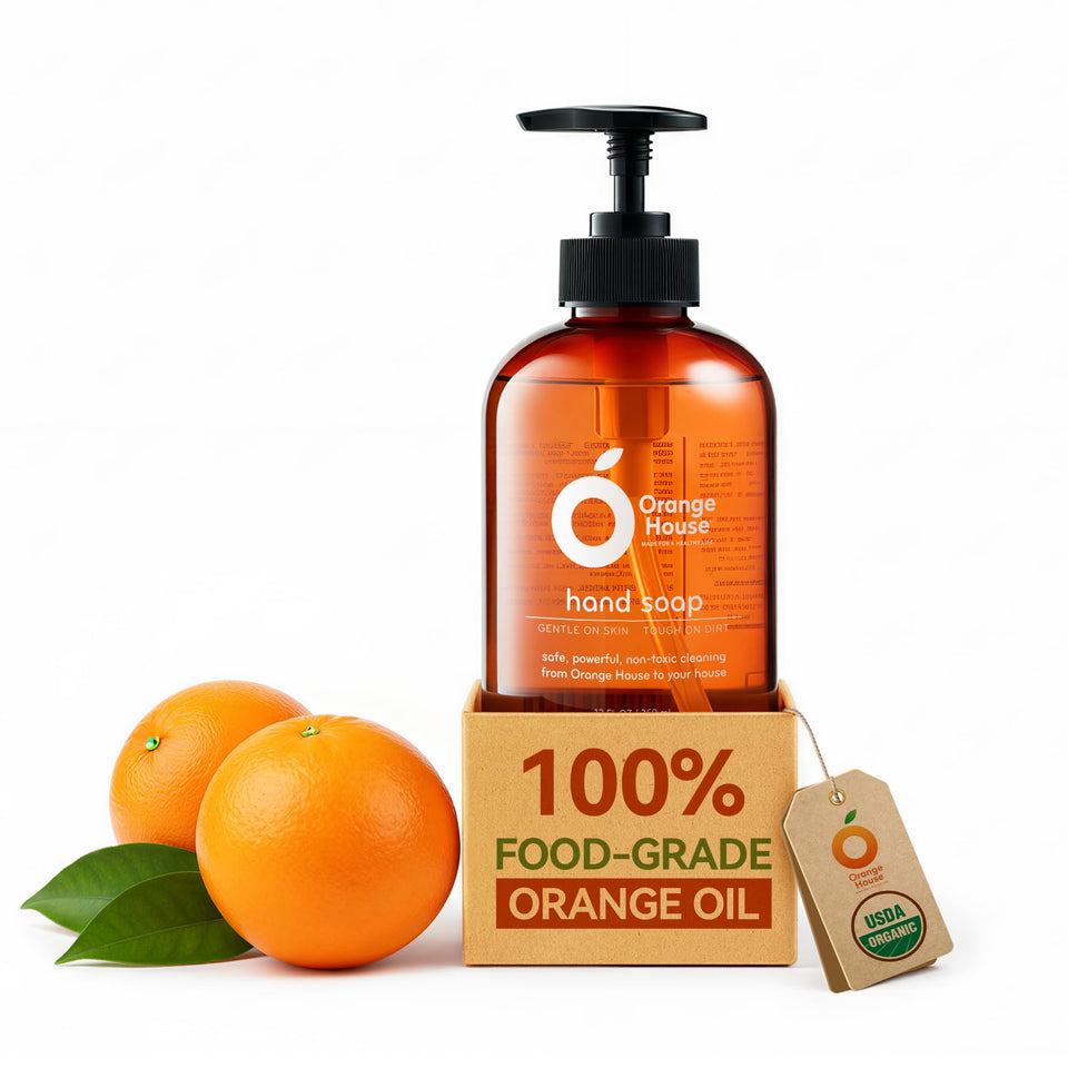 ORANGE HOUSE pump bottle front view showing clean citrus packaging and benefit of gentle cleansing