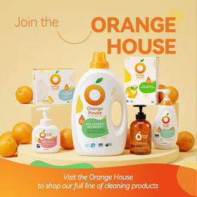 ORANGE HOUSE recycled packaging with orange peels highlighting upcycled ingredients