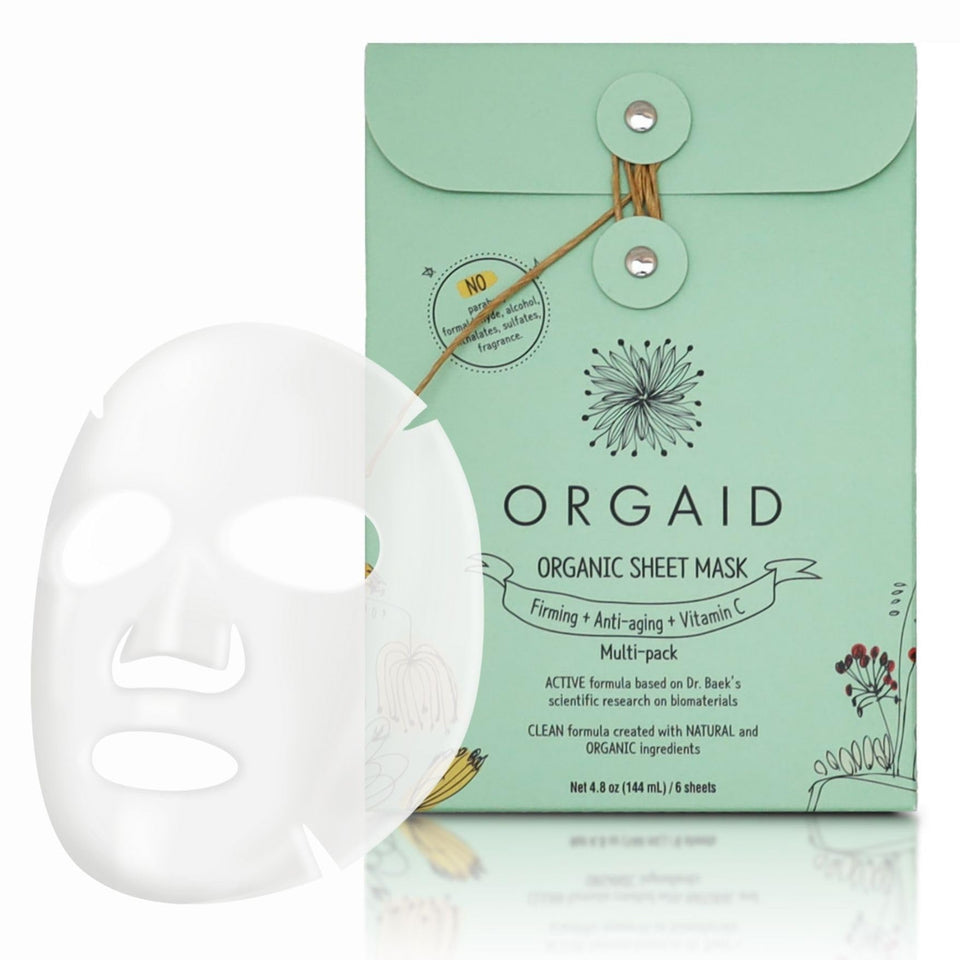 ORGAID front packaging showing six assorted organic sheet masks and benefits
