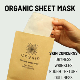 ORGAID model wearing sheet mask illustrating hydration and refreshed appearance