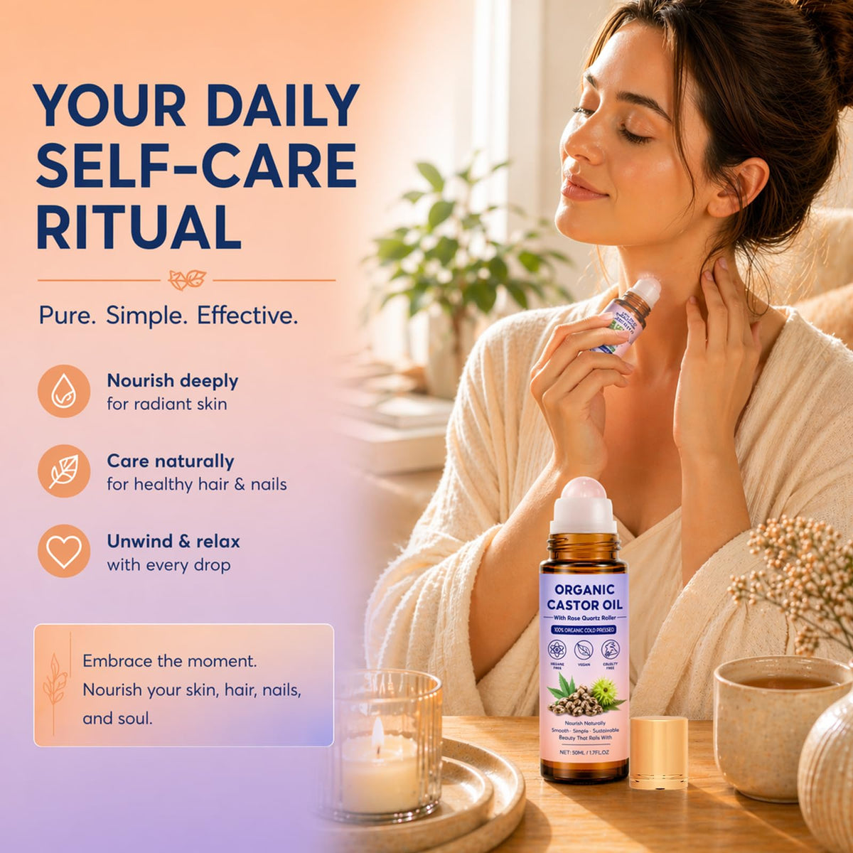 Organic Castor Oil lifestyle bathroom vanity portrays everyday self-care convenience