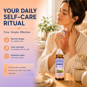 Organic Castor Oil lifestyle bathroom vanity portrays everyday self-care convenience