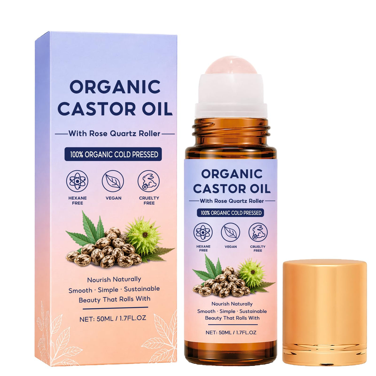 Organic Castor Oil roll-on front label shows brand and compact packaging benefit