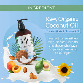 Organic Fiji lotion on elbow, illustrates deep moisturizing benefit
