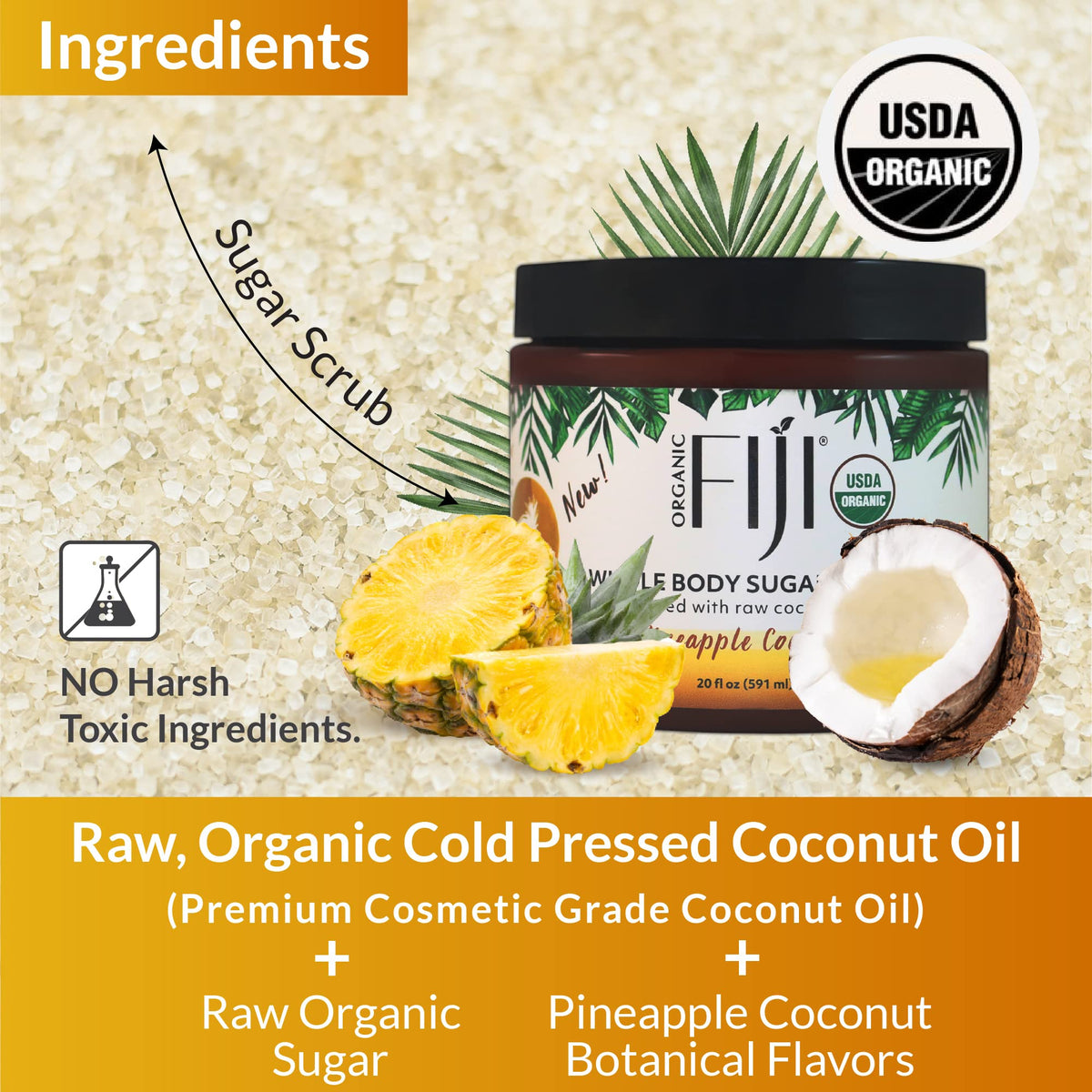 Organic Fiji tub staged with pineapple botanicals for island-inspired hydration