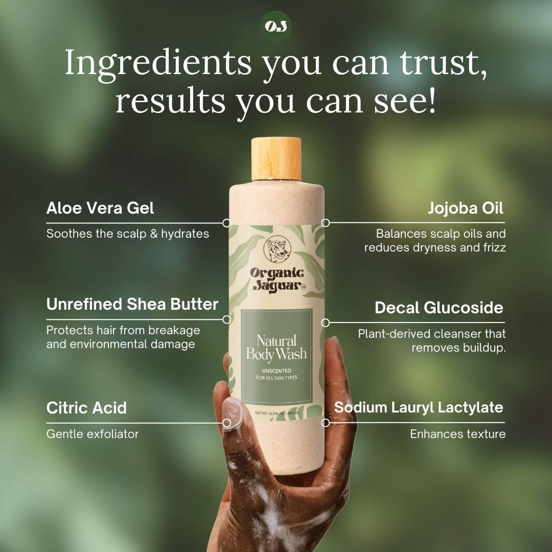 Organic Jaguar with aloe vera leaf and shea nut illustrating natural moisturizing ingredients