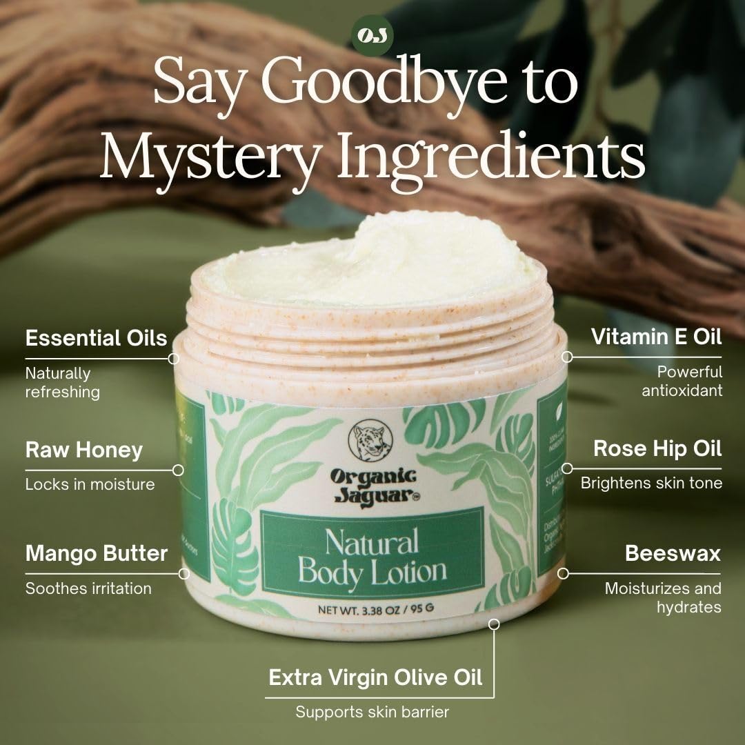 Organic Jaguar dispensing lotion from bottle, illustrating easy application and non-greasy feel