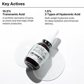 Organicity ingredient label detail showing 10% tranexamic acid and hyaluronic acids benefits