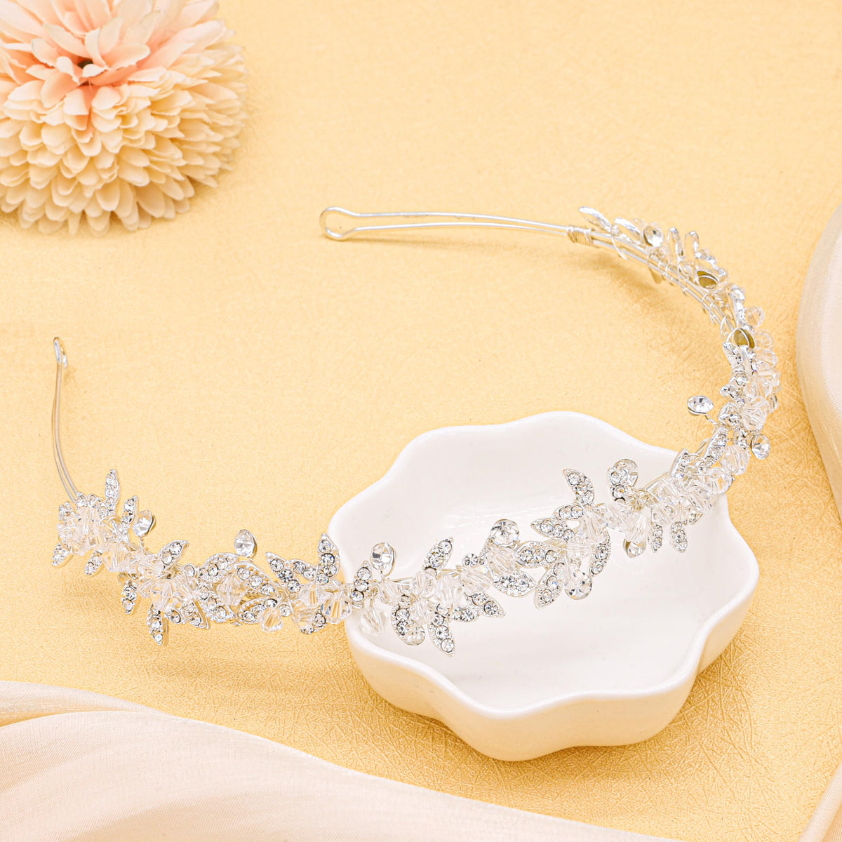 Oriamour closeup of crystal beads and floral detail highlighting delicate sparkle