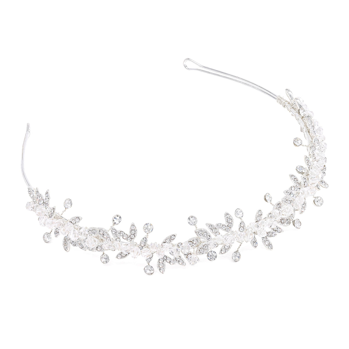 Oriamour front view silver flower headband showing elegant finish and versatile style