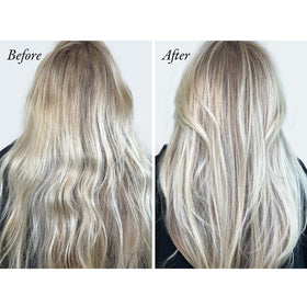 Oribe Bright Blonde being applied to damp hair showing instant toning benefit