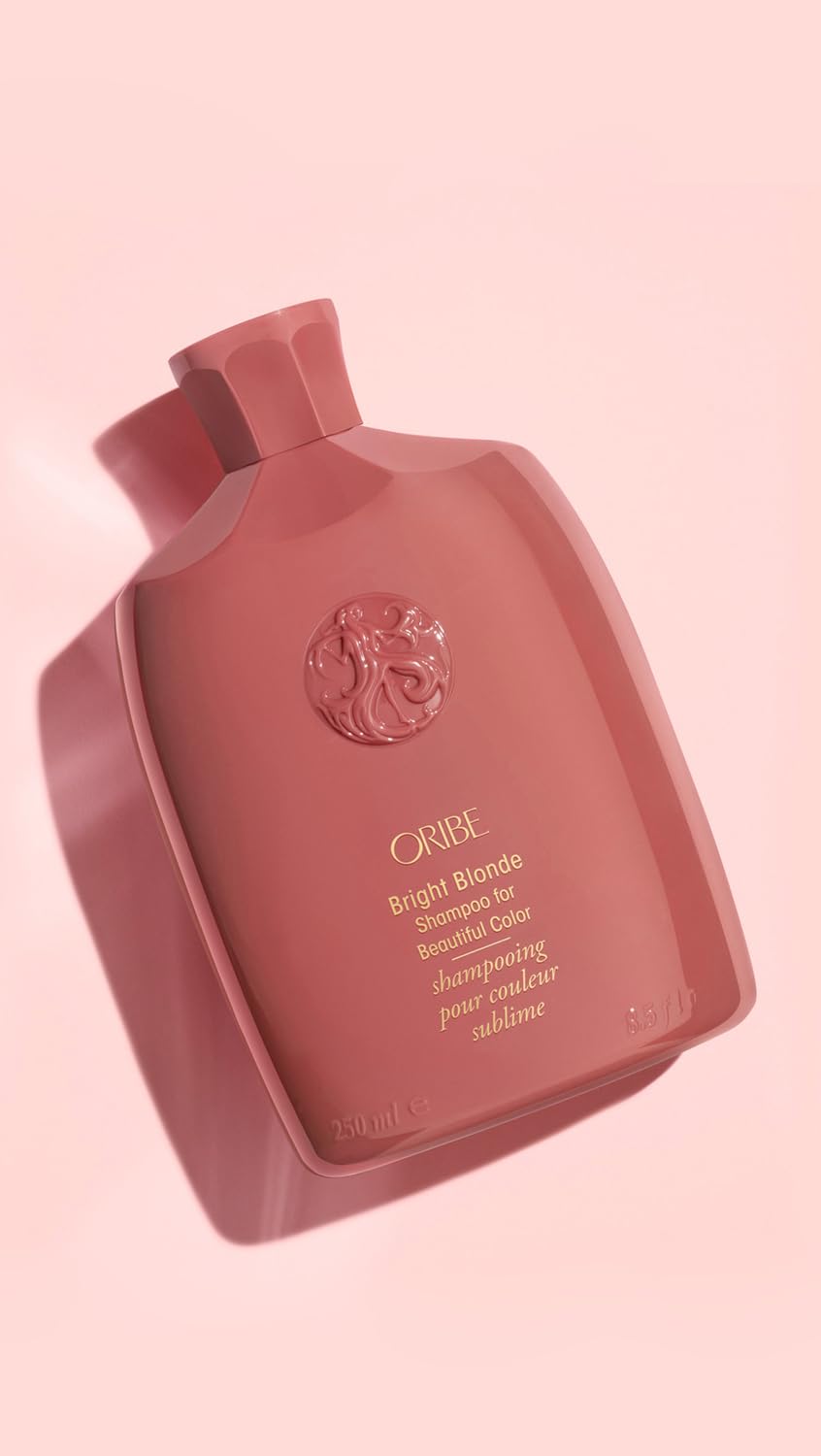 Oribe Bright Blonde bottle label close-up listing key ingredients and protection