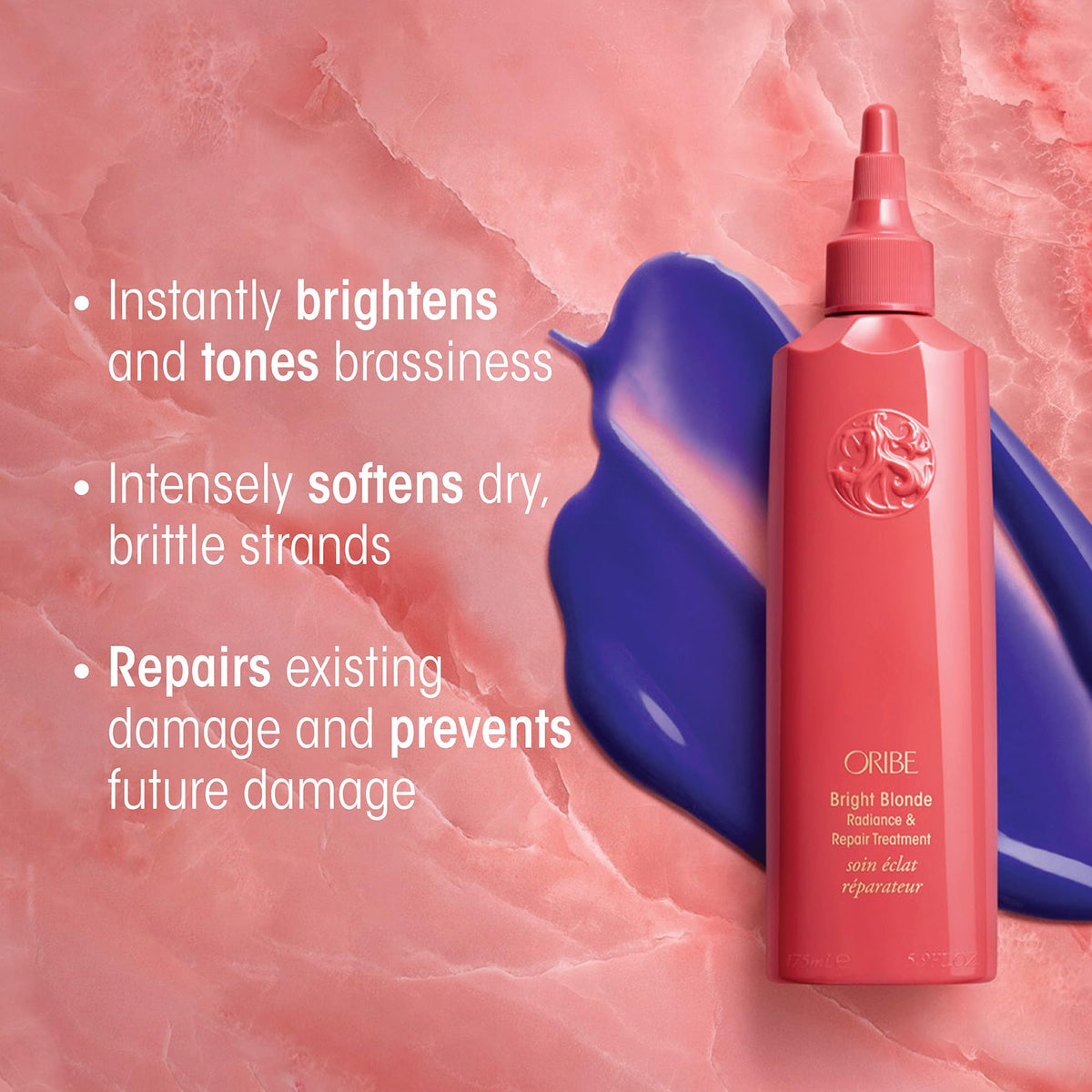 Oribe Bright Blonde bottle in hand showing 5.9 oz scale and travel convenience benefit