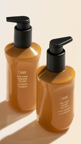 ORIBE jar next to a bottle showing product size and travel-friendly benefit