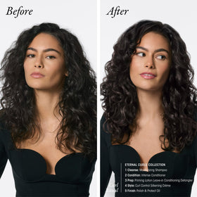Oribe eternal curls shampoo bottle on bath shelf implying everyday salon-quality care