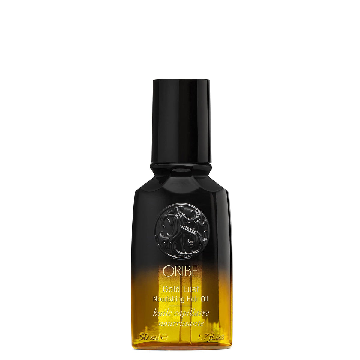 Oribe Gold Lust bottle front showing elegant packaging and luxurious benefit