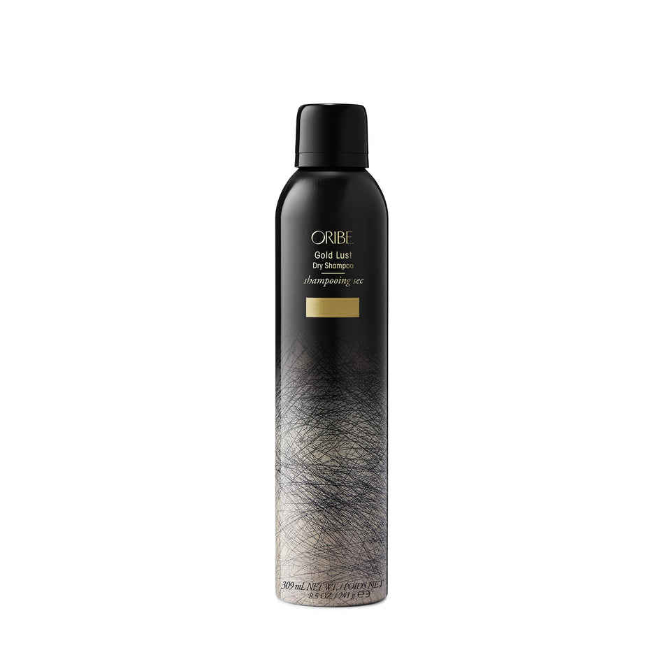 ORIBE front packaging of Gold Lust Dry Shampoo shows luxe can and size benefit