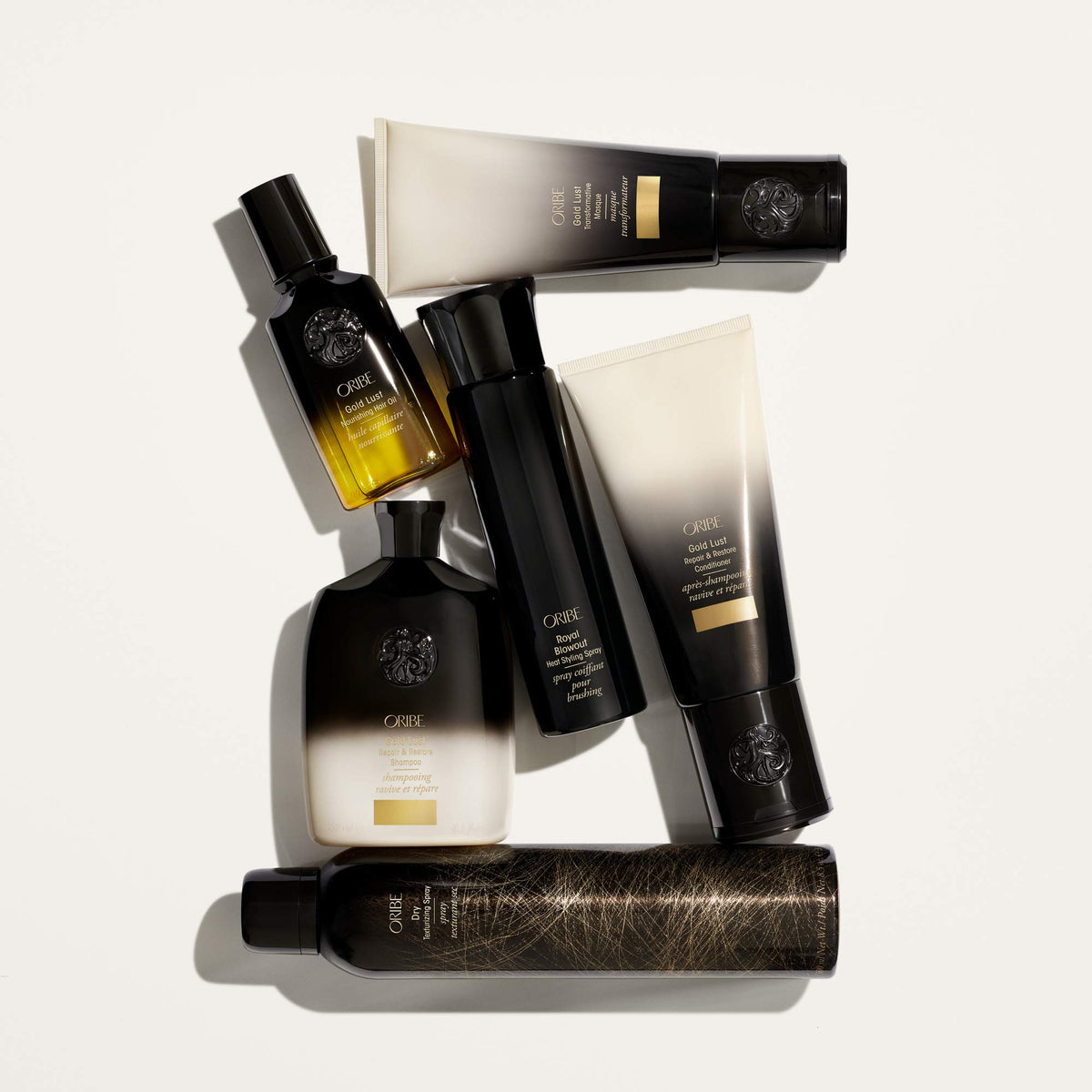 ORIBE jar styled in a bathroom demonstrating premium, salon-quality care