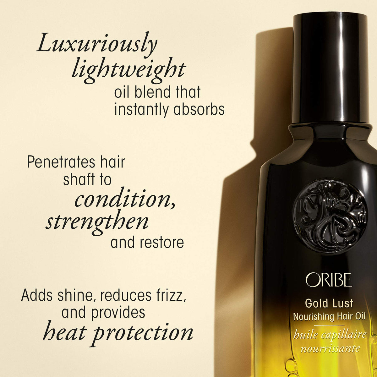 Oribe Gold Lust pump and label highlighting brand clarity and use convenience