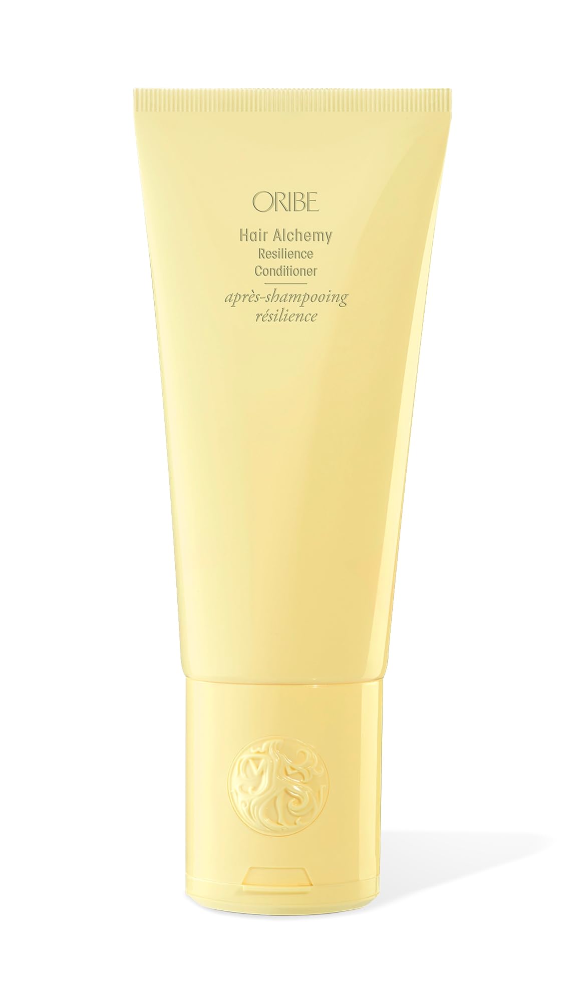 Oribe bottle front packaging shows brand and resilience benefits