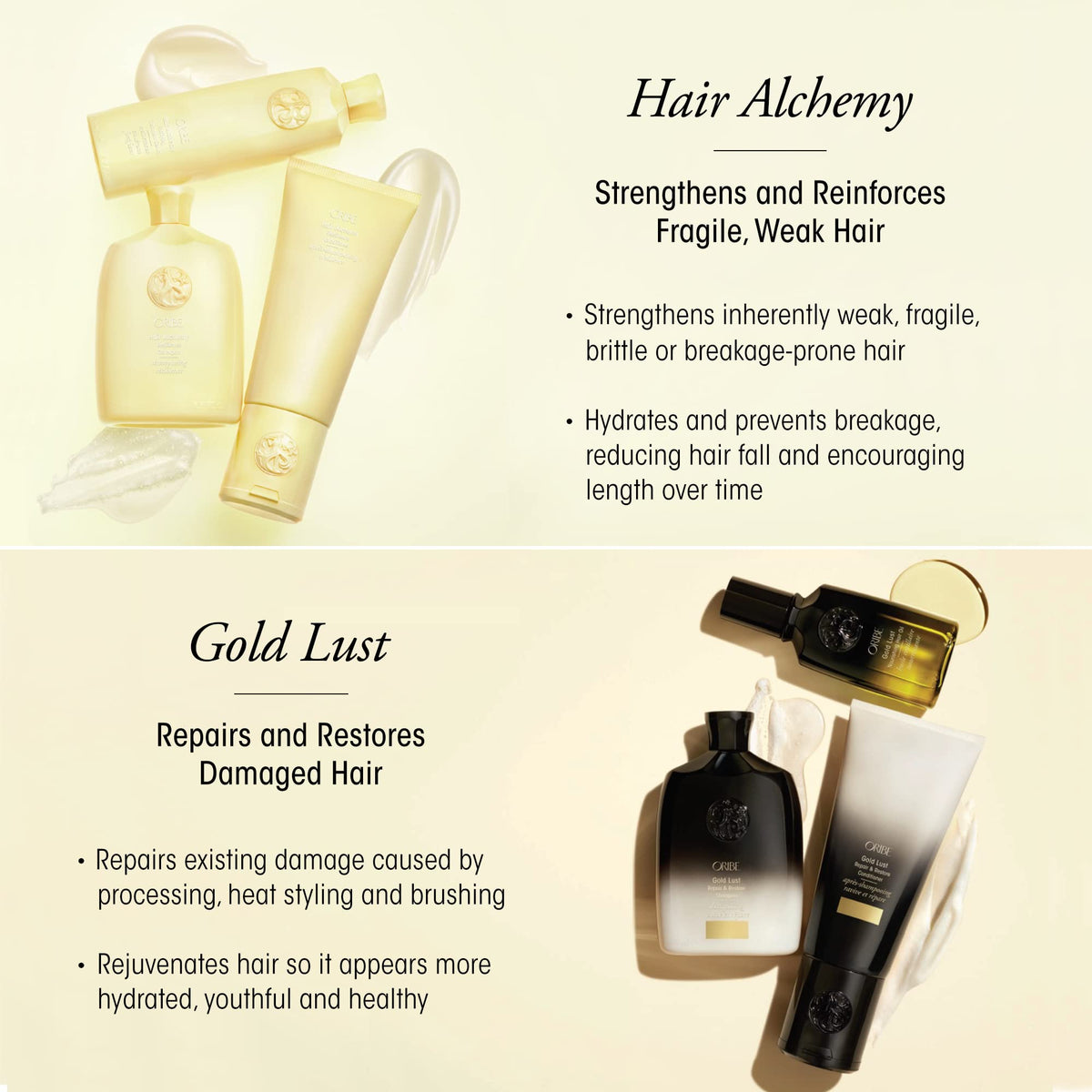 Oribe ingredient label close-up highlighting hyaluronic complex and strengthening benefit