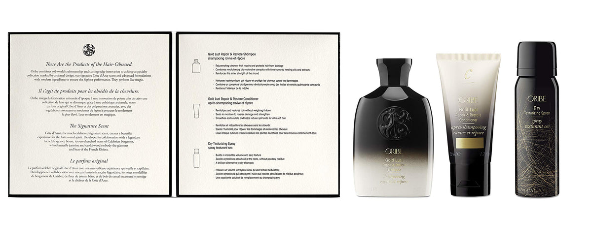 Oribe trio staged on bathroom vanity conveying salon-quality results on the go benefit