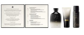 Oribe trio staged on bathroom vanity conveying salon-quality results on the go benefit