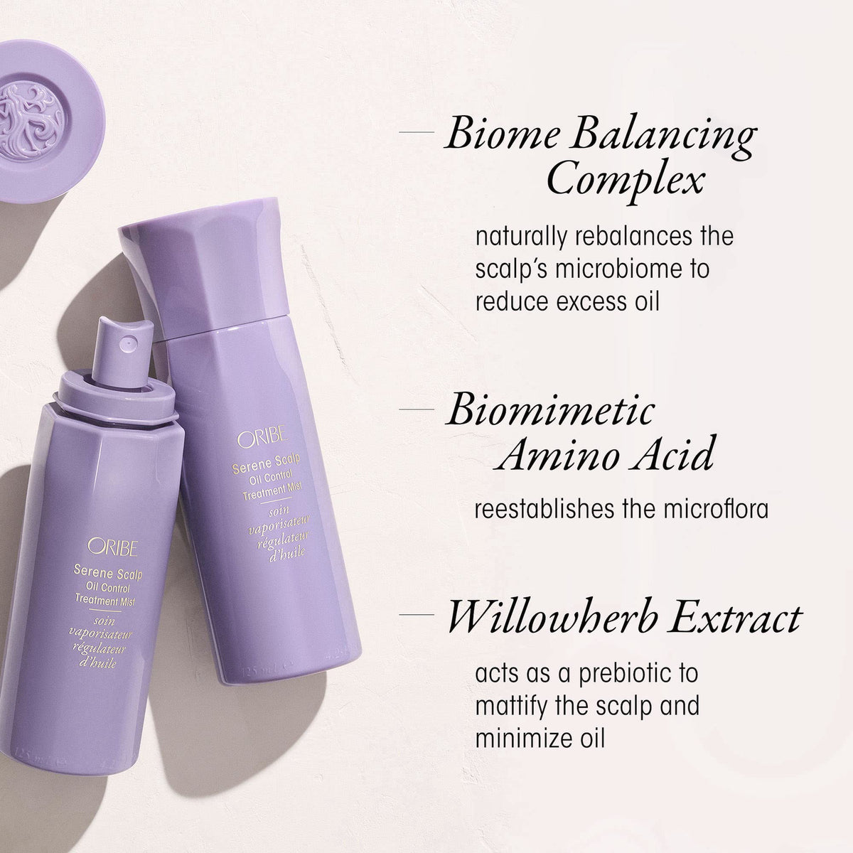 ORIBE Serene Scalp mist spray nozzle close-up, highlights even fine mist delivery benefit