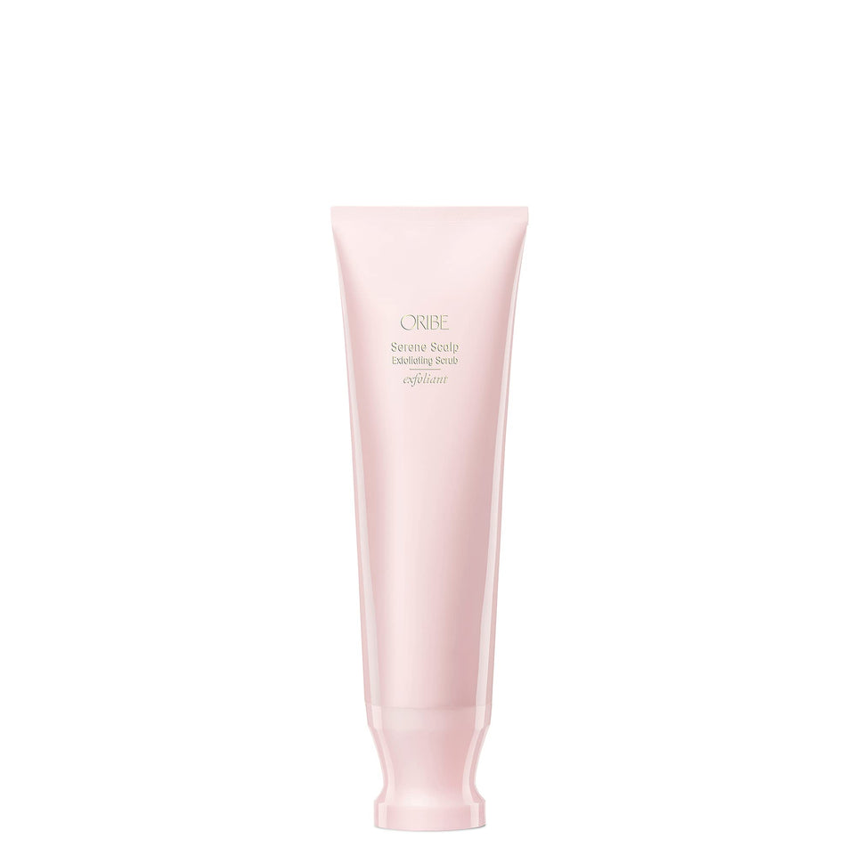 Oribe serene scalp scrub jar front view showing premium packaging and size benefit
