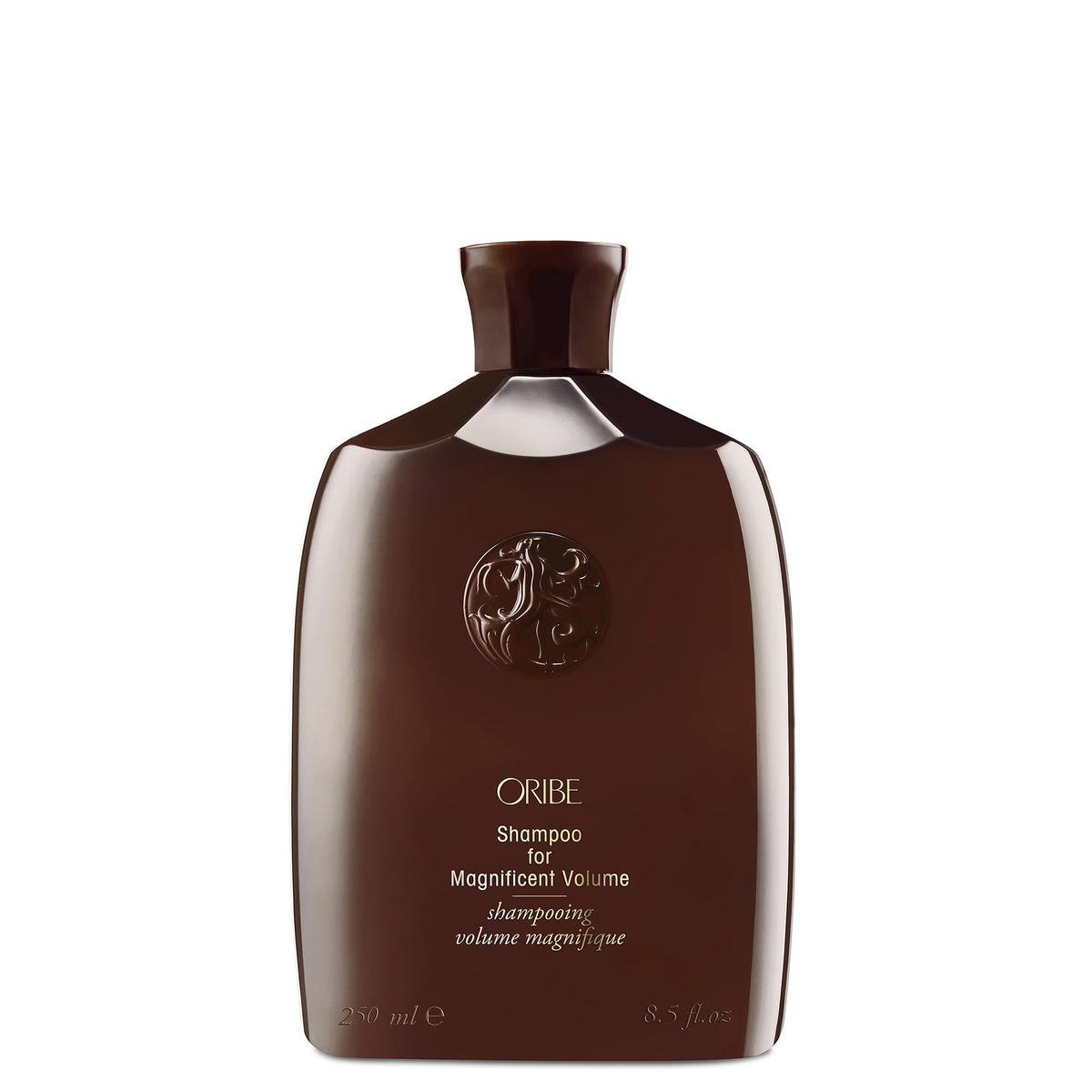 Oribe shampoo front bottle showing label and premium design for salon-quality volume
