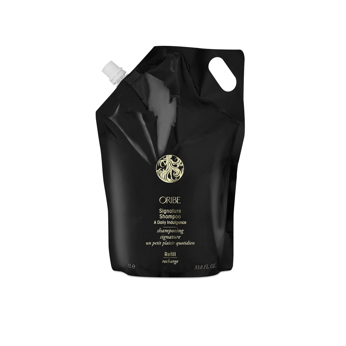 Oribe liter refill pouch front view showing brand and eco benefits