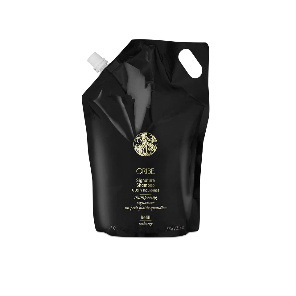 Oribe liter refill pouch front view showing brand and eco benefits