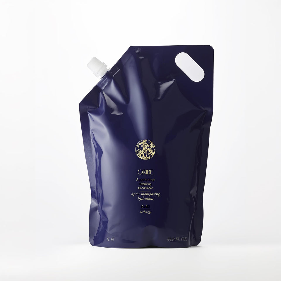 Oribe Supershine front packaging showing liter refill and brand shine