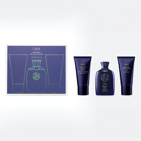 Oribe Supershine travel set front packaging showing trio and benefit of glossy hydration