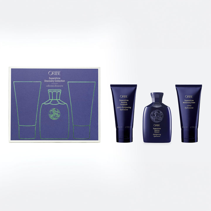 Oribe Supershine travel set front packaging showing trio and benefit of glossy hydration