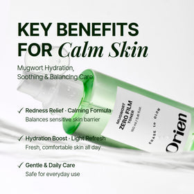 Orien label closeup highlighting mugwort and centella ingredient benefits