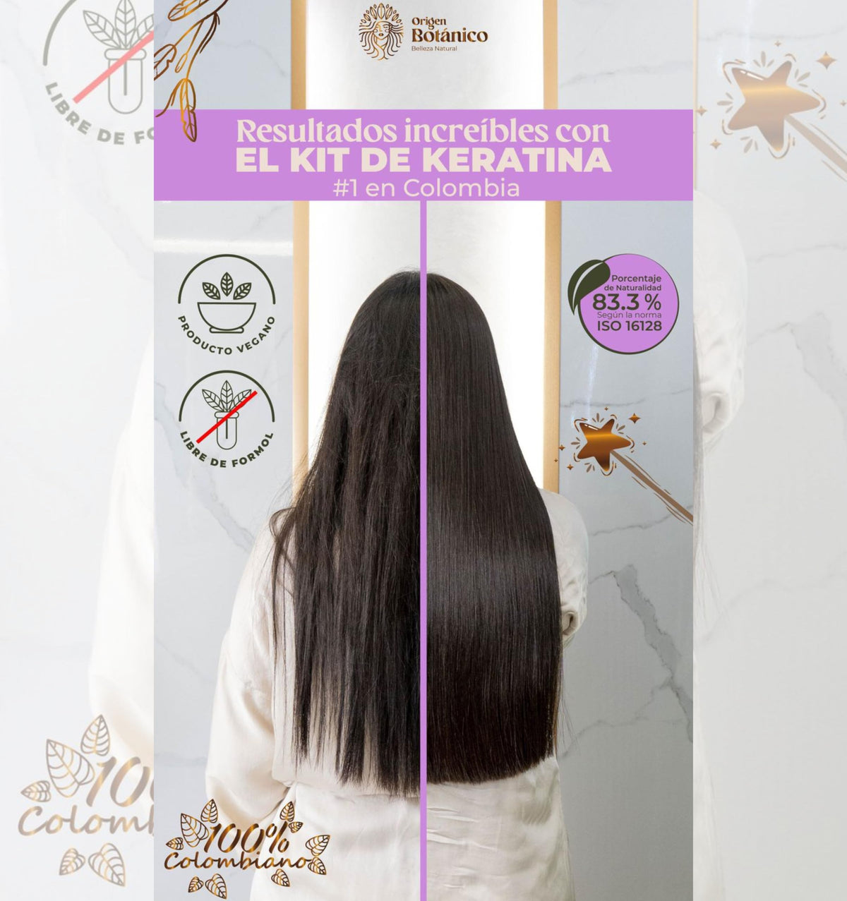 Origen Botánico before and after transformation showcasing reduced frizz and shine