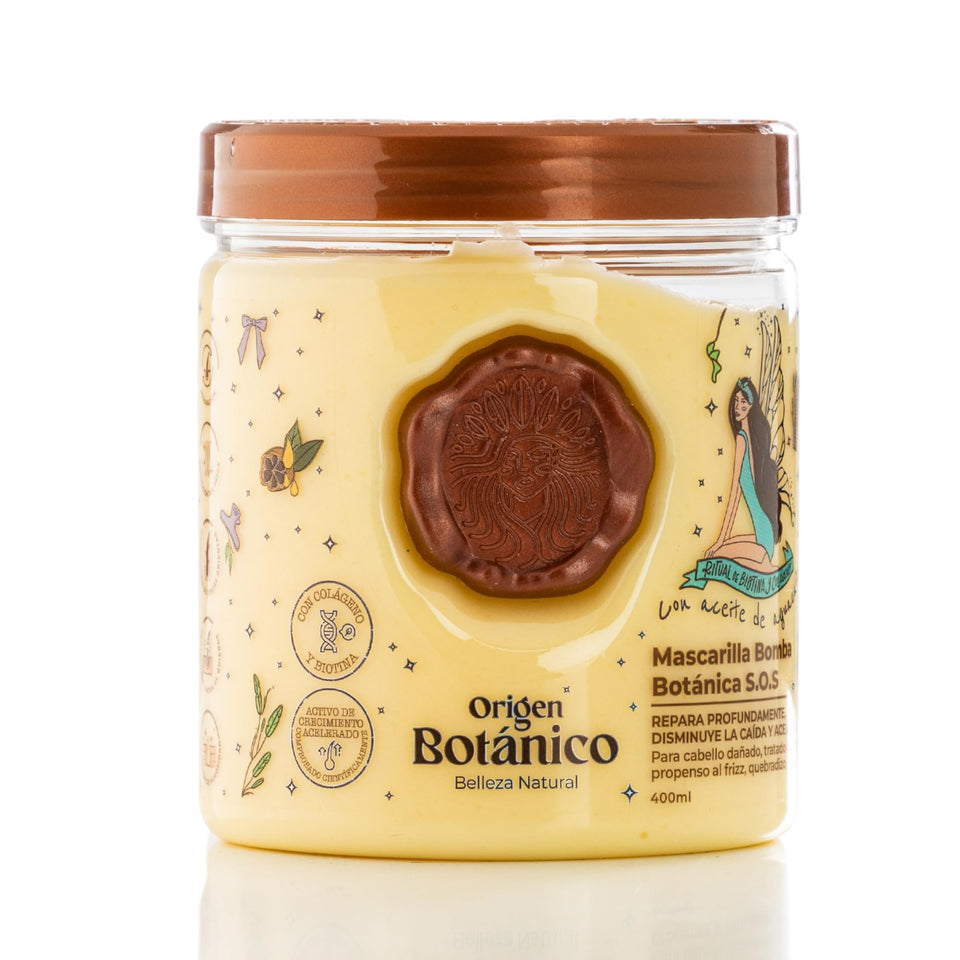 Origen Botánico front packaging showing 400 ml mask and restorative benefit