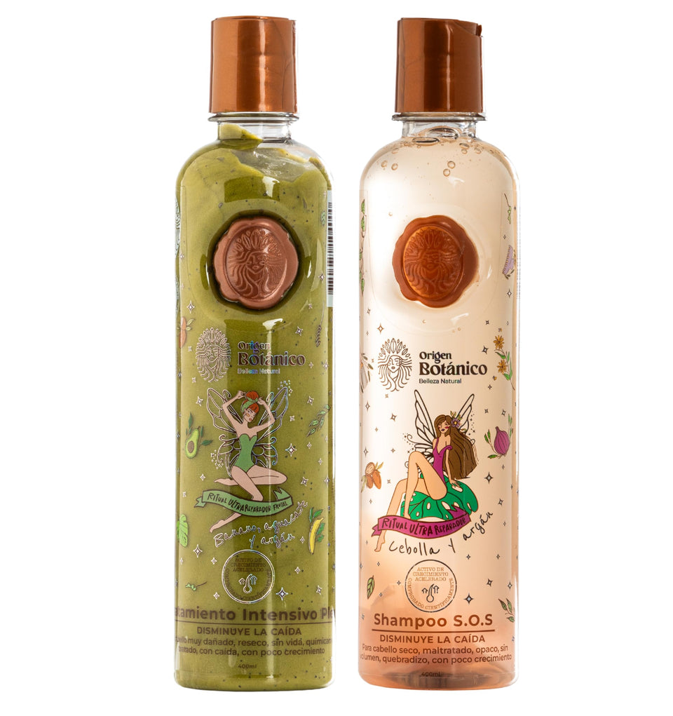 Origen Botánico kit front packaging showing full shampoo and Plex set for complete repair