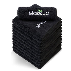 Orighty front pack of 12 black towels showing quantity and clean look
