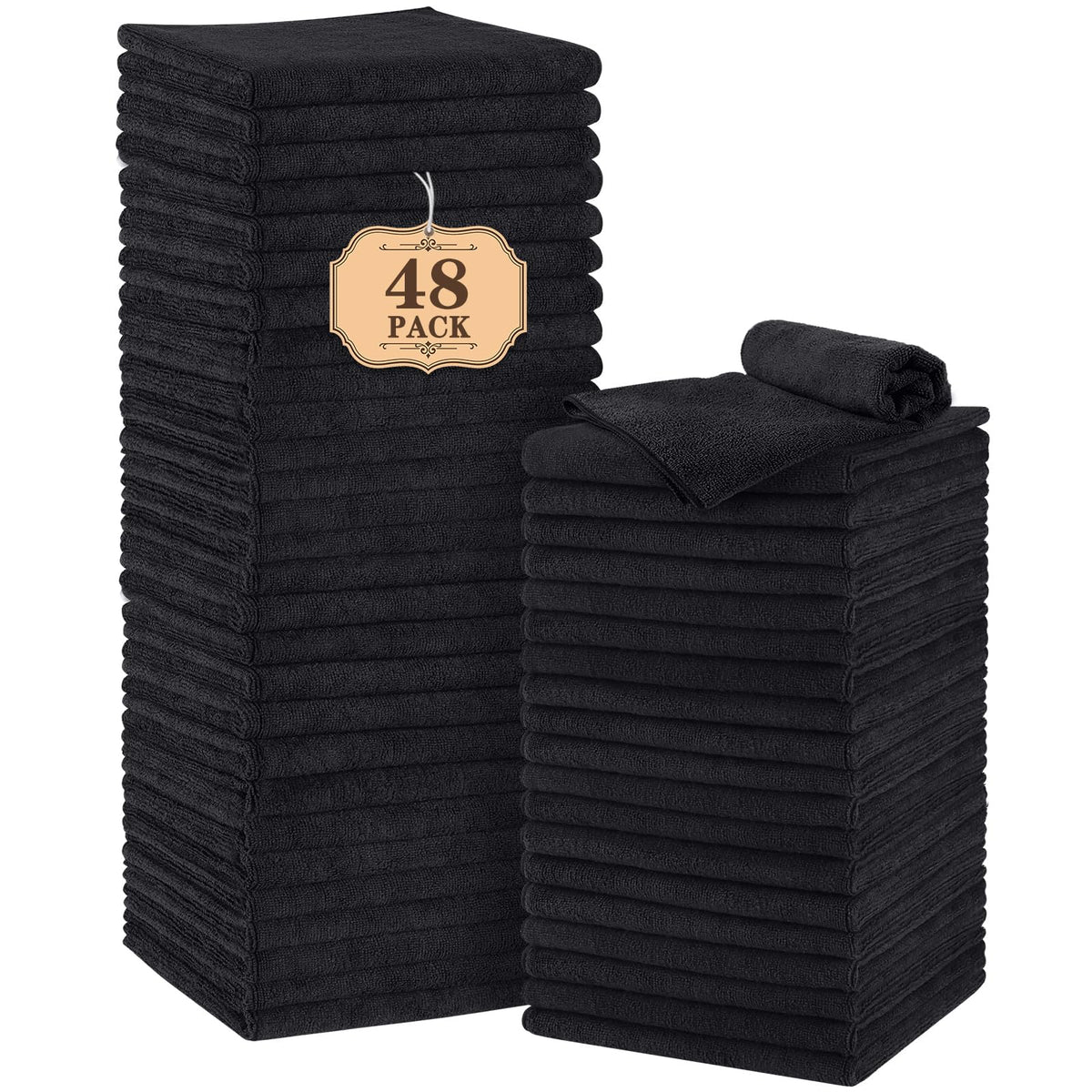 Orighty stacked towels front view showing professional black bulk supply and storage benefit