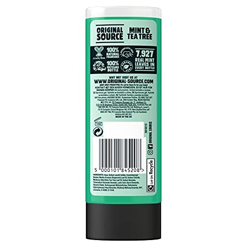 ORIGINAL SOURCE label close-up highlighting tea tree and mint ingredients and clarity