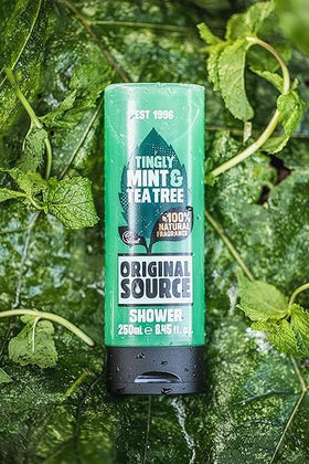 ORIGINAL SOURCE bottle next to hand for scale showing 250ml travel-friendly size