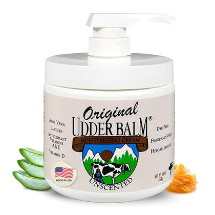 Original Udder Balm front pump jar showing size and pump for easy dispensing
