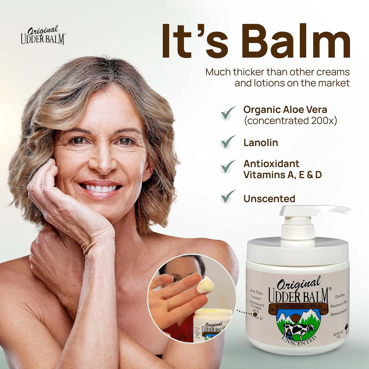 Original Udder Balm label close-up highlighting ingredients and hypoallergenic claim