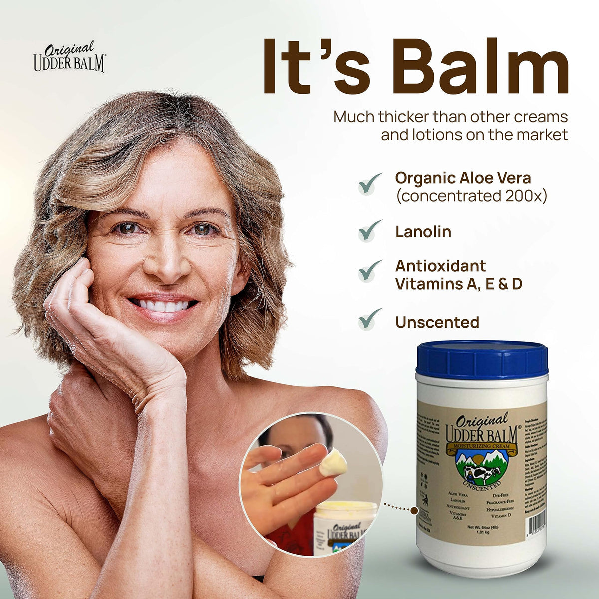 Original Udder Balm tub next to a hand showing 64 fl oz scale benefit
