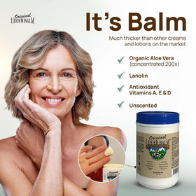 Original Udder Balm tub next to a hand showing 64 fl oz scale benefit