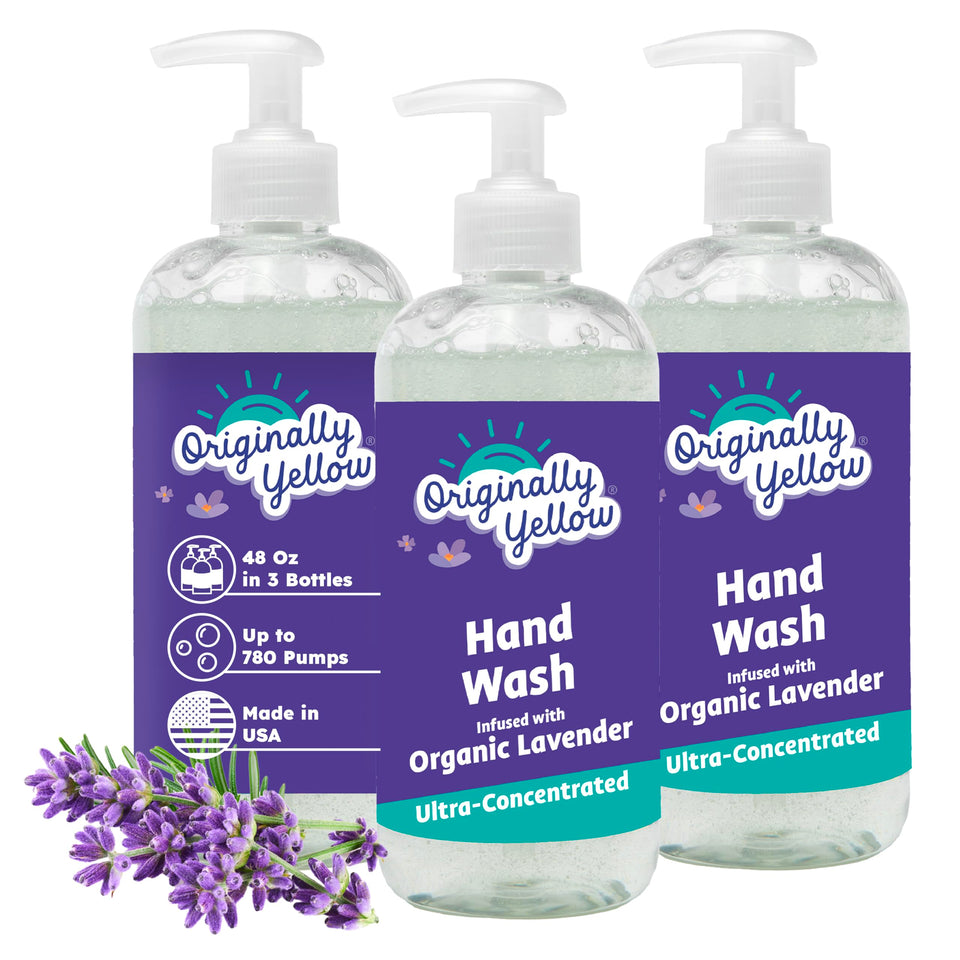 Originally Yellow front label showing gentle lavender scent and product size benefit