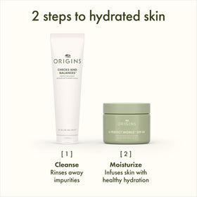 Origins tube beside other morning skincare items showing routine compatibility