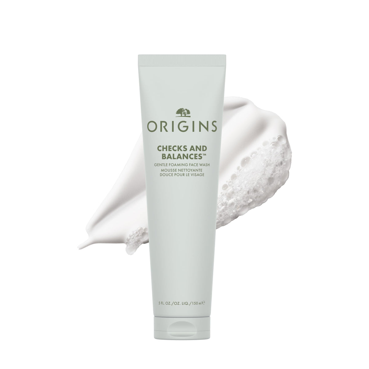 Origins bottle front view showing clean label and gentle foaming benefits